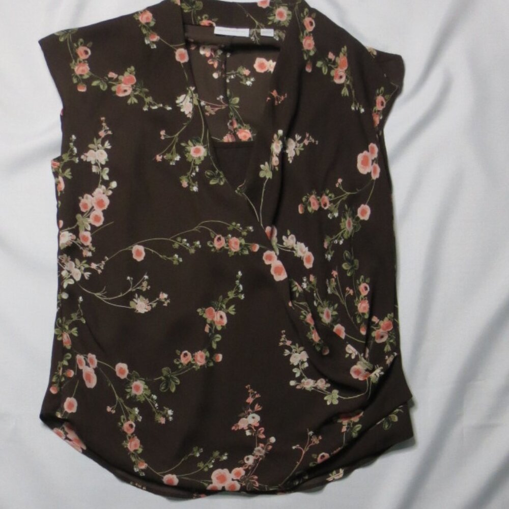 4/$14 NEW YORK & COMPANY womens BROWN floral PINK sleeveless BLOUSE top SIZE SM